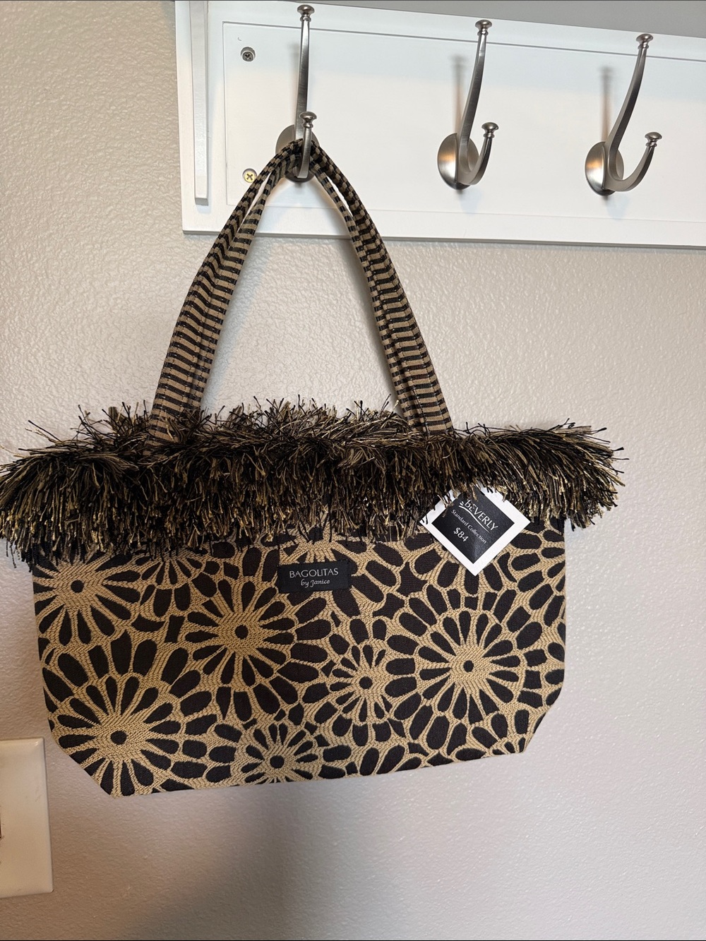 Floral Tote with Fringe Trim - Black & Tan